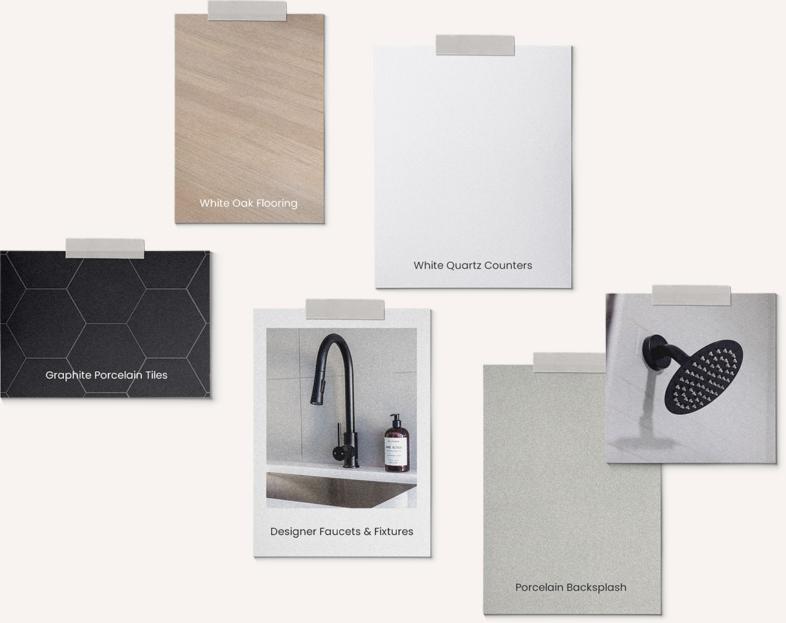 Collage of Finishes: White Oak Flooring, White Quartz counters, Graphic Porcelain Tiles, Porcelain Backsplash and Designer Faucets and Fixtures